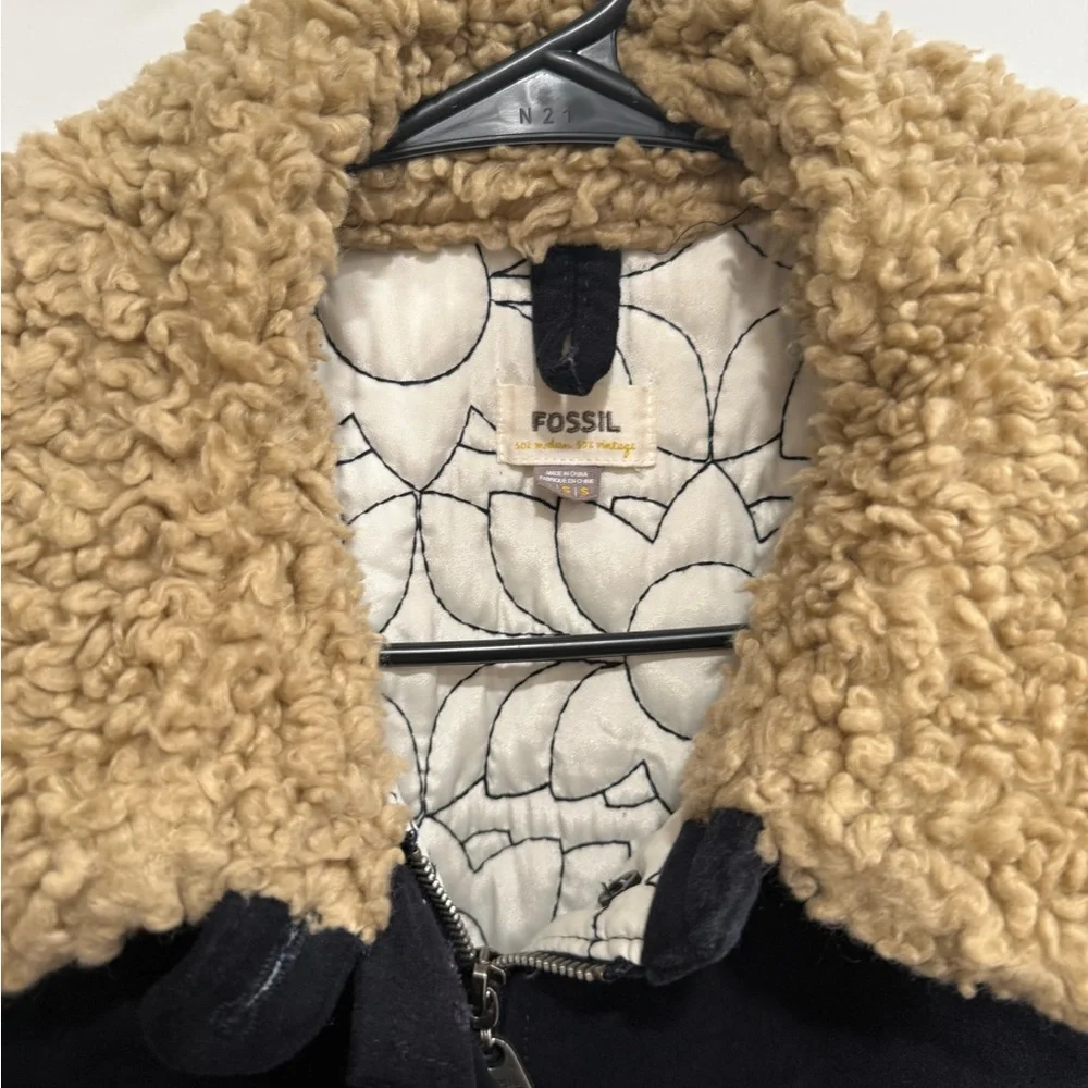 Fossil Womens Navy Sherpa Collar Lined Jacket Pockets Size S Vintage Y2K